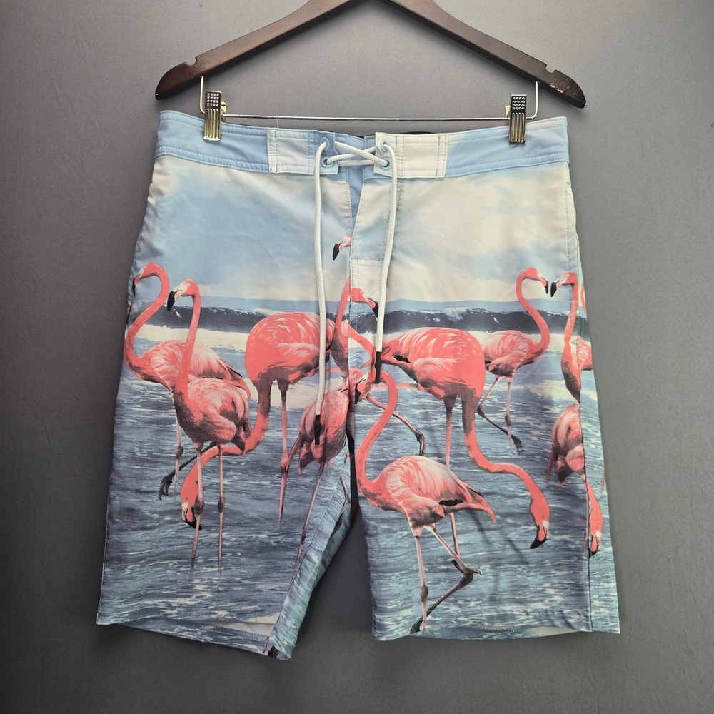 No Boundaries Board Shorts Flamingo Print Swim Trunks 30 Blue Pink Beachwear
